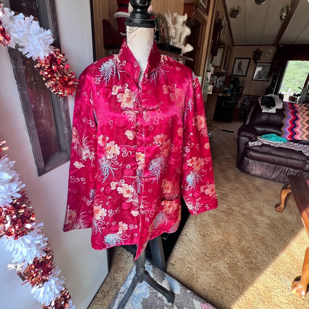 vintage Newport News Asian-style floral jacquard jacket with frog closures.